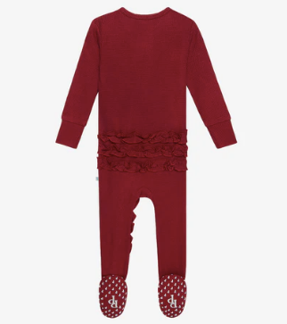 Posh Peanut Maroon Waffle Footie Ruffled Zippered One Piece