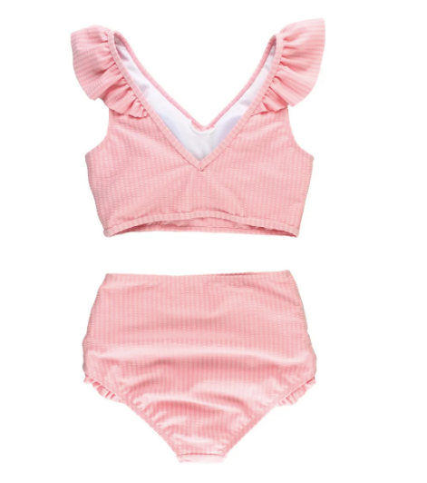 RB Pink Seersucker Tween Ruffle V-neck Bikini