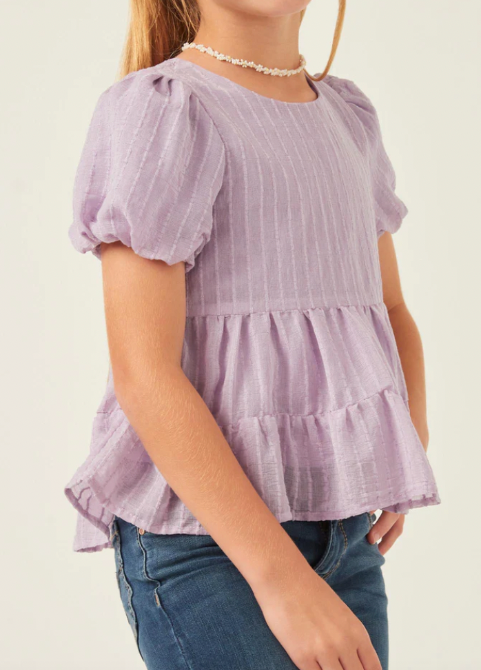 Purple Stripe Puff Sleeve Tiered Top