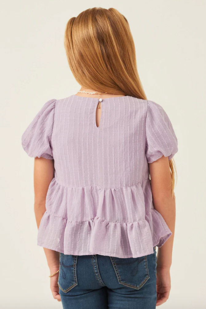 Purple Stripe Puff Sleeve Tiered Top