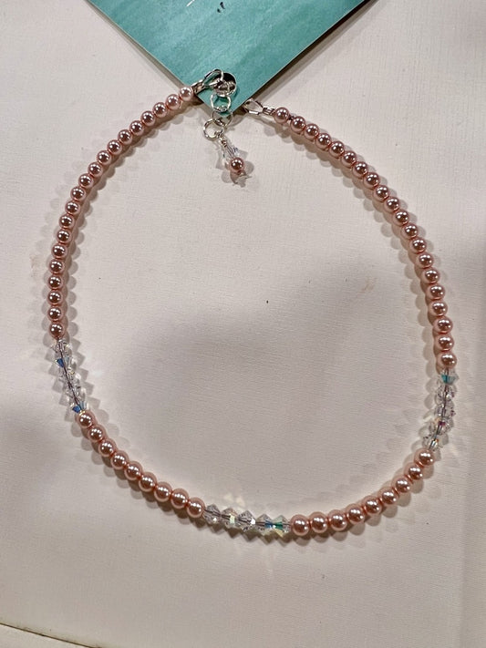 12" Pink Pearl Necklace w/Crystals