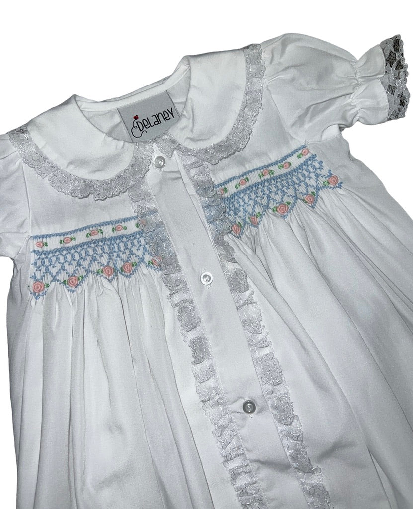 White Smocked Lace Sleeve Gown w/Bonnet