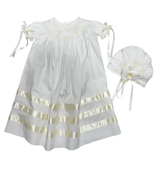 White Ecru Cross Smocked Gown w/Bonnet