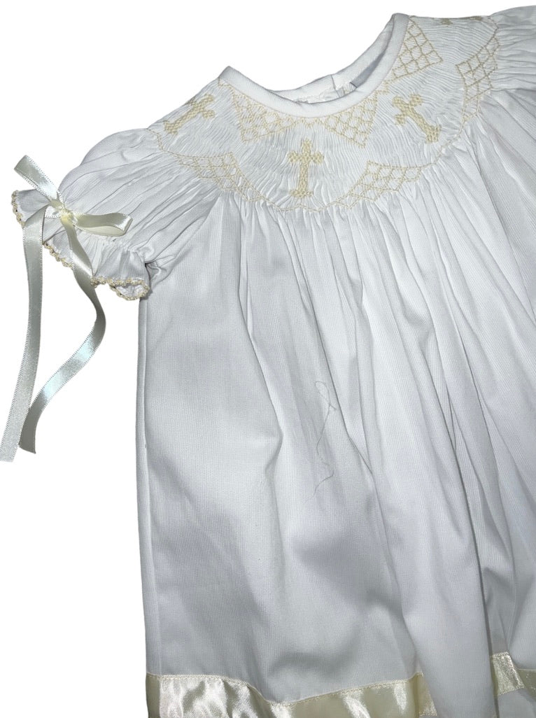 White Ecru Cross Smocked Gown w/Bonnet
