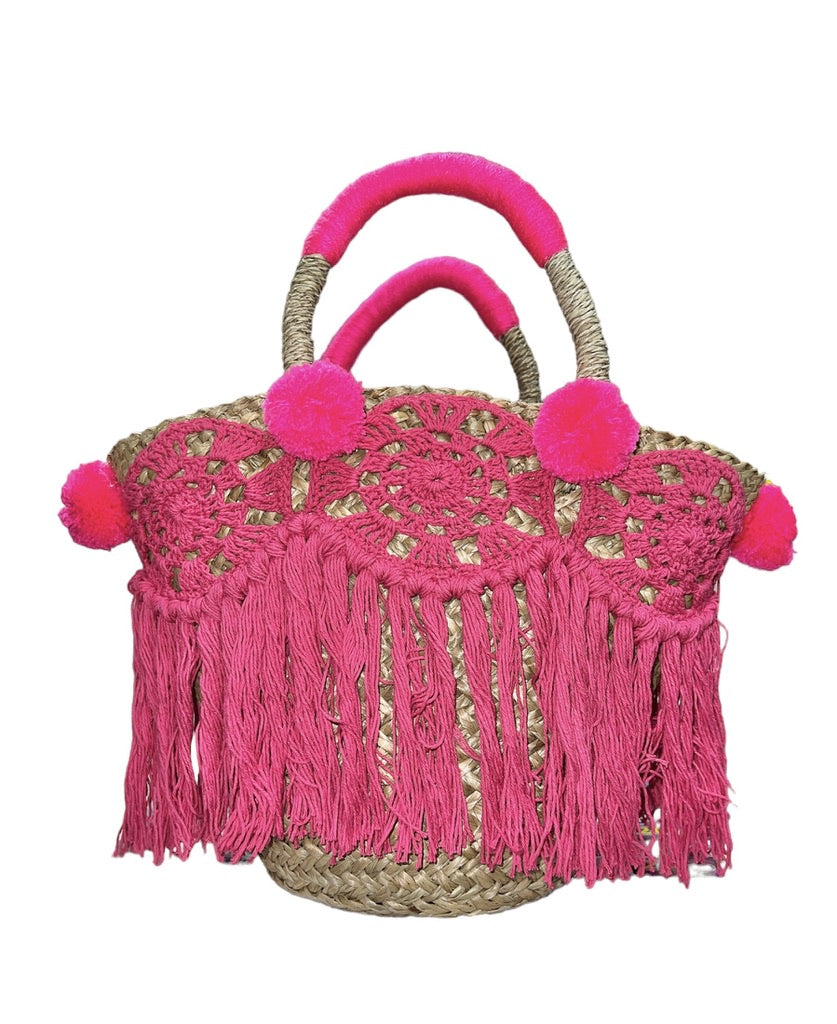 Pink Fringe Rattan Bag