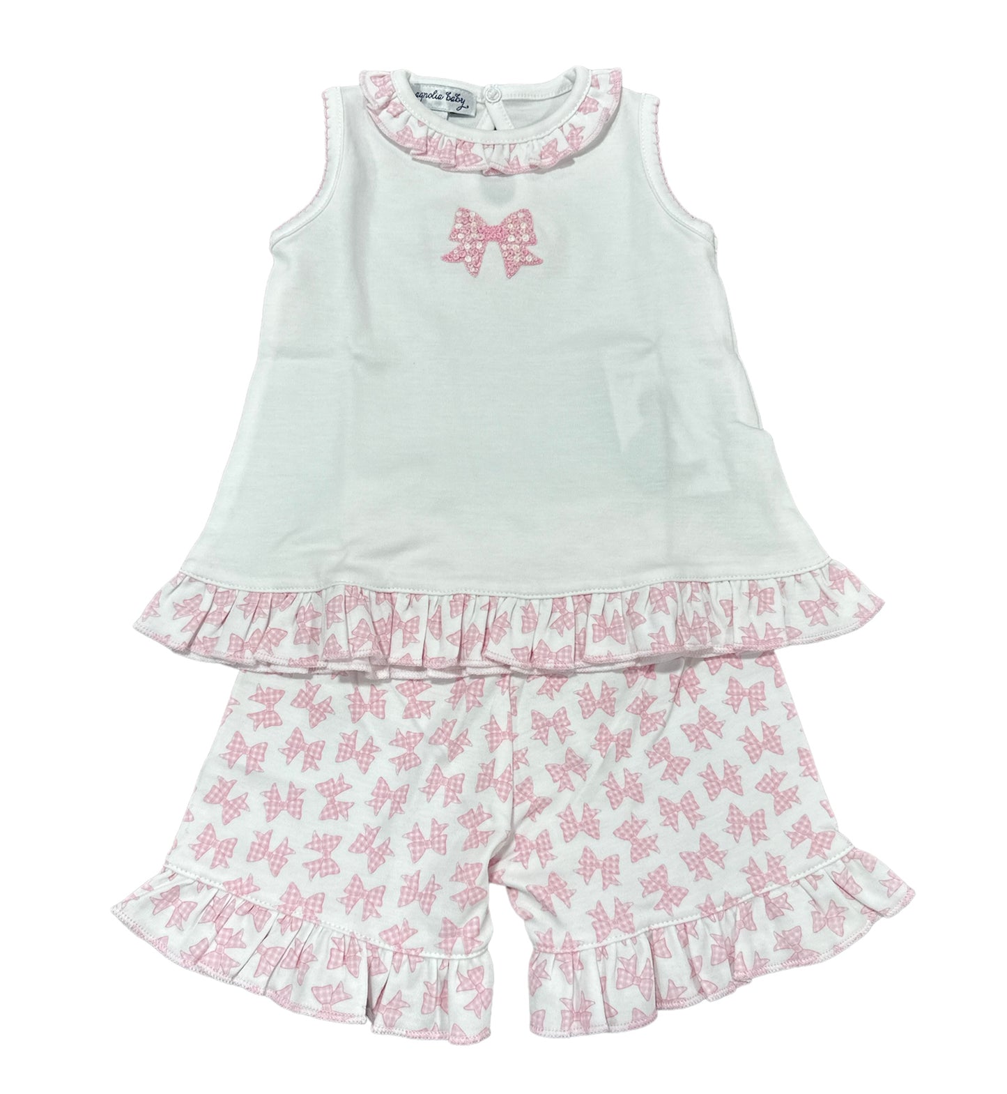 Pink Gingham Bows Emb Ruffle Short Set