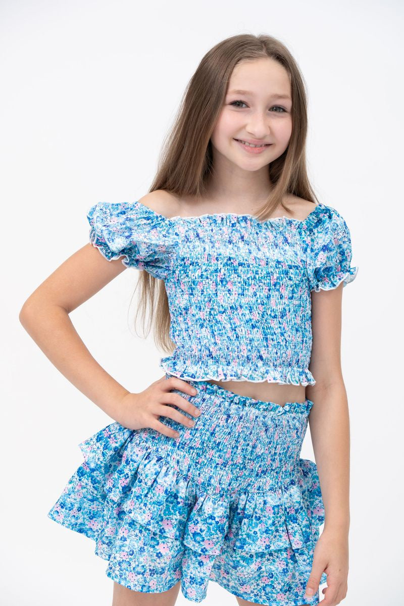 TweenStyle Blue & Pink Ditzy's Print Smocked Skirt Set