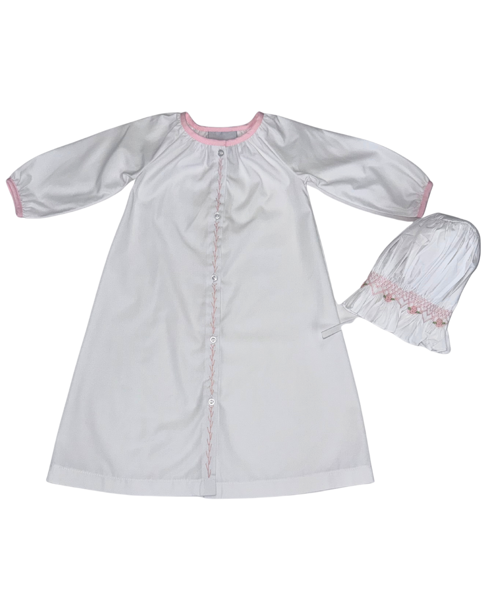 Delaney White Daygown w/Pink Feather Stitch Front