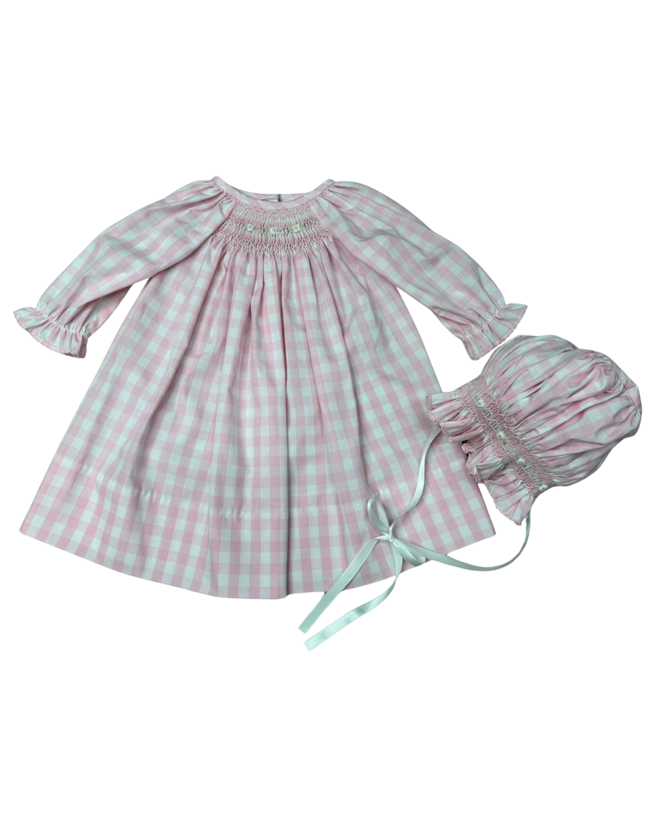 Delaney Pink Gingham Smocked Front Daygown & Bonnet