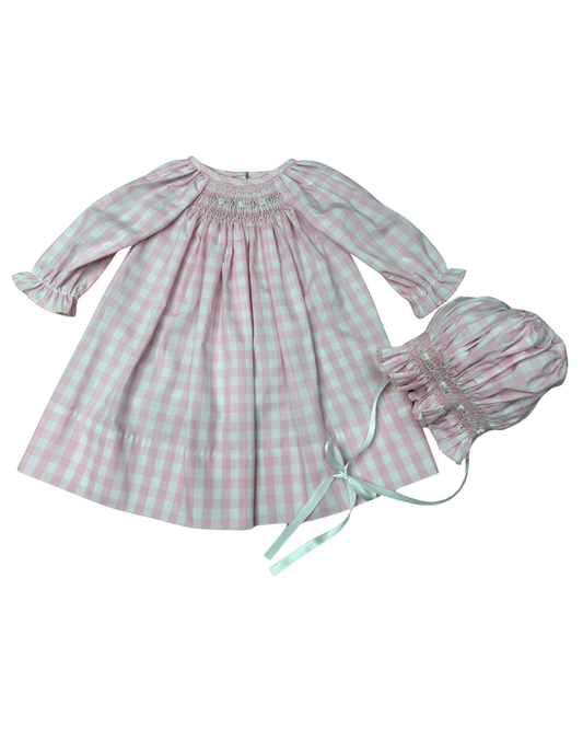 Delaney Pink Gingham Smocked Front Daygown & Bonnet