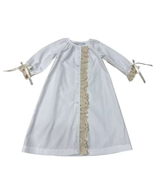 Delaney White Button Front Ecru Crochet Lace Daygown