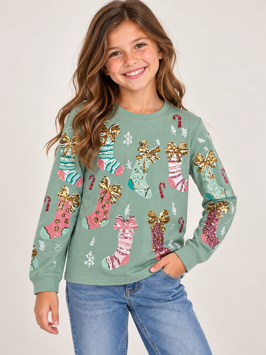 Belle Cher Kids Decked Out Sequin Stockings LS Tee