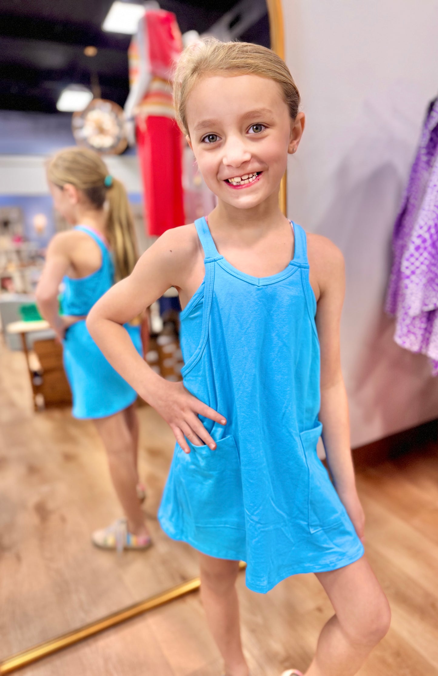 Blue Aqua Relaxed Tank Dress with Built-in Romper Lining