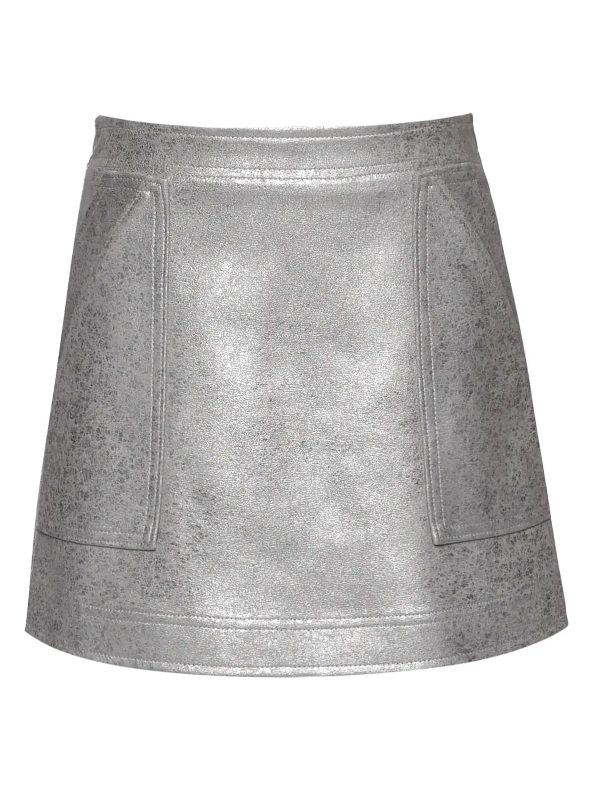 Hannah Banana Shimmer Foil Faux Leather Aline Skirt-Silver
