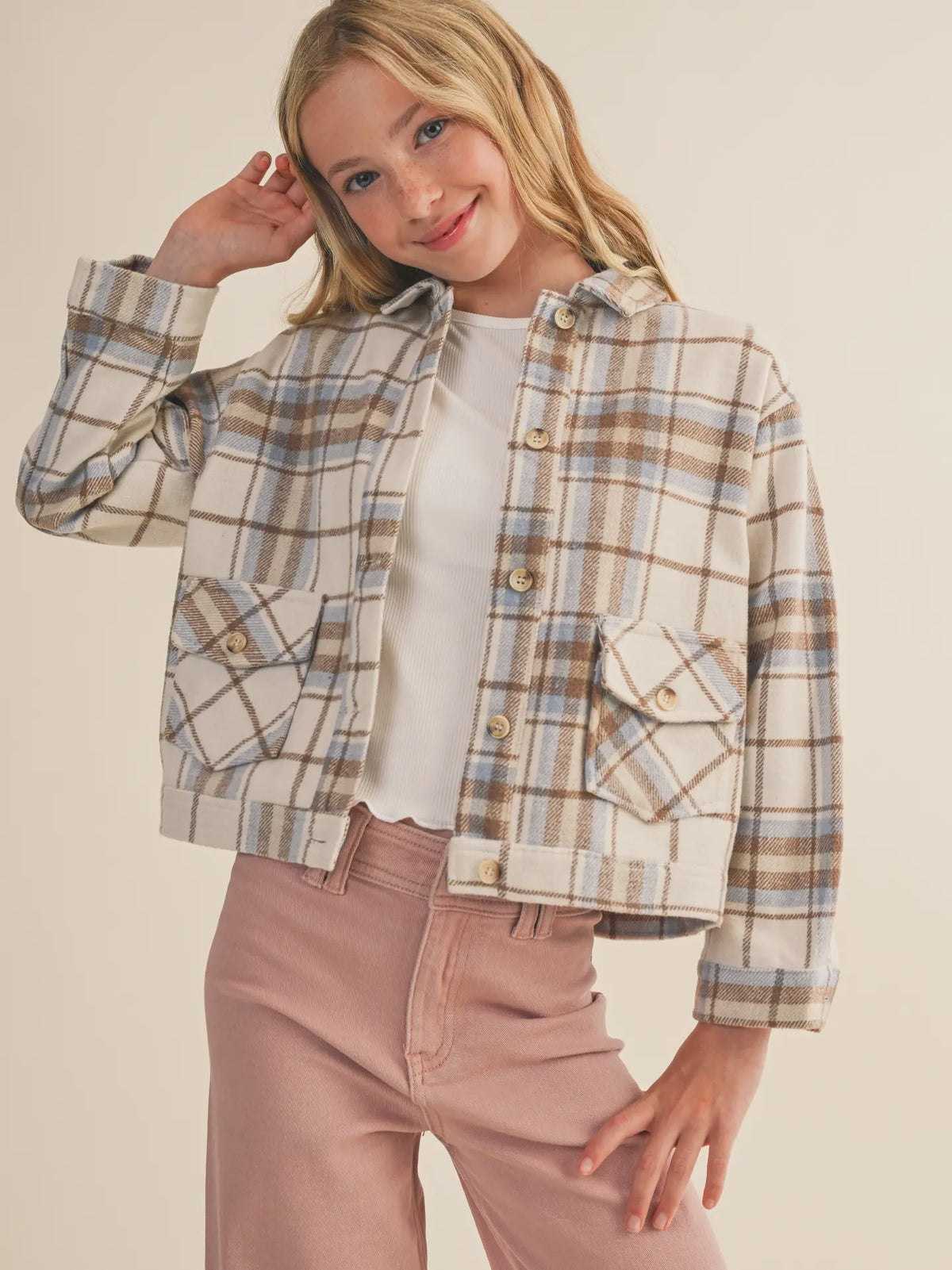 Heart & Arrow Short Shacket - Blue Plaid