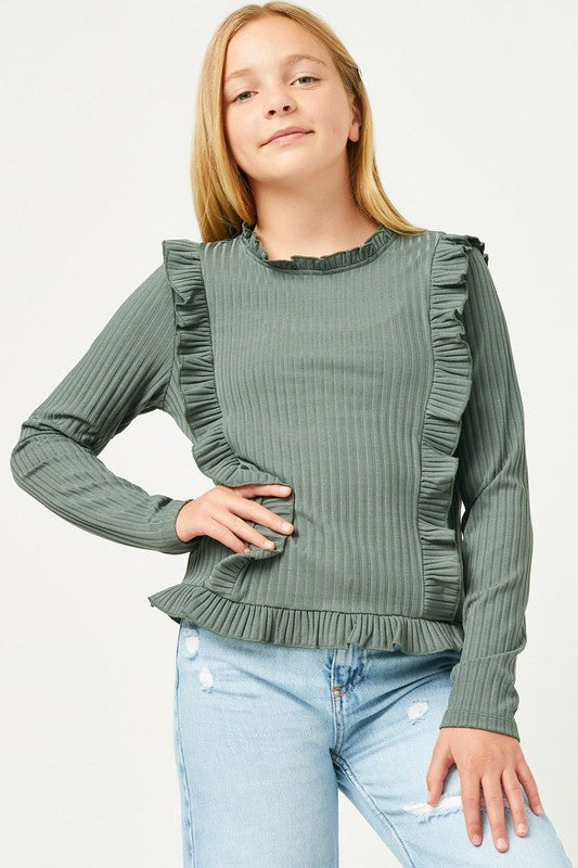 Hayden Girls Ruffle Detailed Ribbed L/S Tee Olive