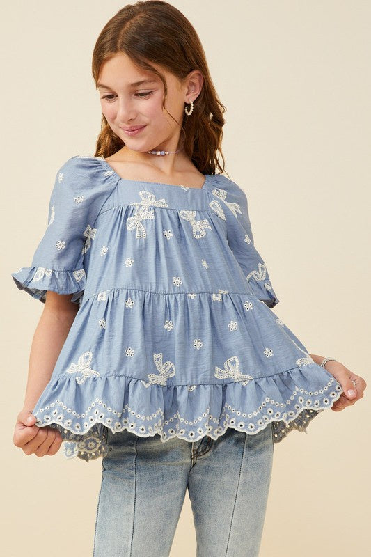 Hayden Girls Bow Embroidered Scalloped Hem Top
