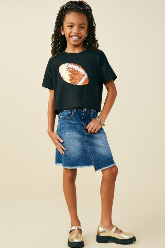 Hayden Girls Gameday Sequin Football T shirt Black