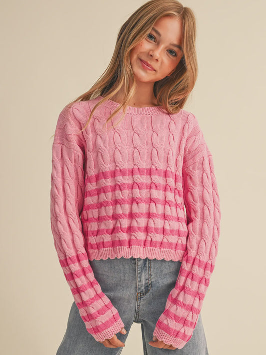 Heart & Arrow Cable Knit Boxy Cropped Sweater - Pink