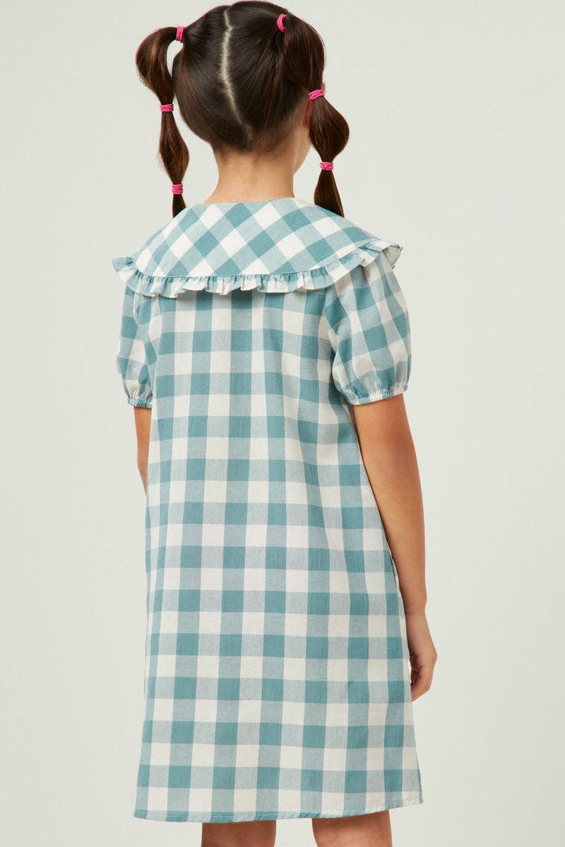 Hayden Girl Ruffled Bib  Collar Checkered Dress - Aqua