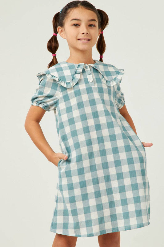Hayden Girl Ruffled Bib  Collar Checkered Dress - Aqua
