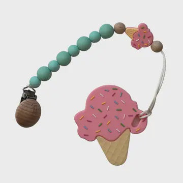 Three Hearts Teether & Clip Bundle Strawberry Ice Cream