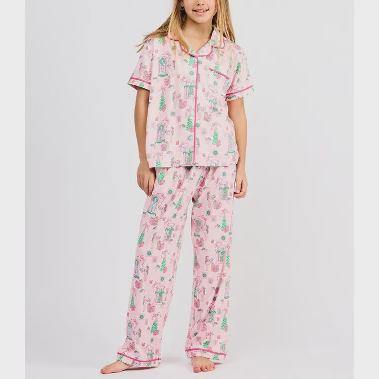 Mary Square Charlotte Kids PJ's Christmas Cottage Pink