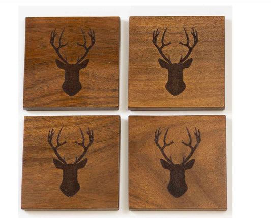 4 Pack Natural Deer Etched Wood Coasters