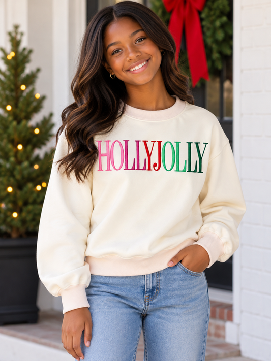 Peach Love "Holly Jolly" Embroidery Sweatshirt