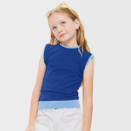 Good Girl Color Blocked Sleeveless Layered Top -Blue