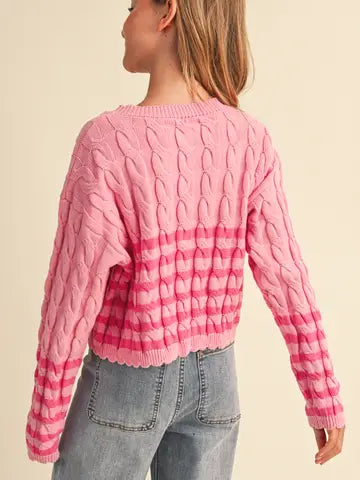 Heart & Arrow Cable Knit Boxy Cropped Sweater - Pink