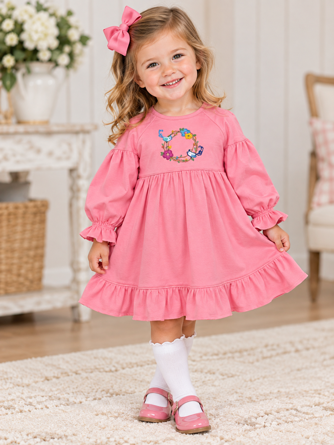 Squiggles Birds of Feather LS Waisted Dress