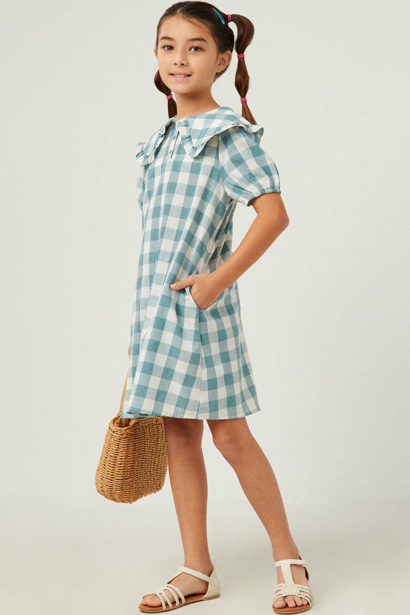 Hayden Girl Ruffled Bib  Collar Checkered Dress - Aqua