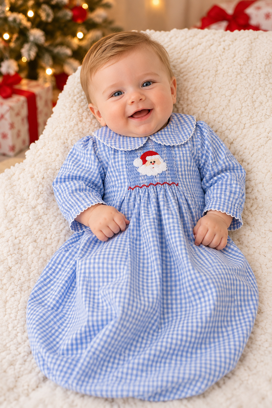 Delaney Boys Blue Gingham Smocked Santa Daygown
