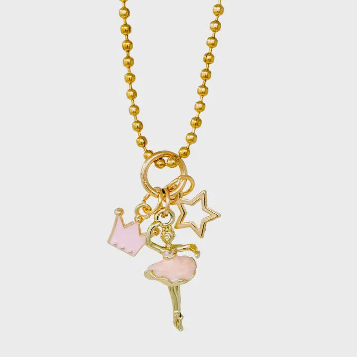 Ballerina, Crown & Star Gold Charm Necklace