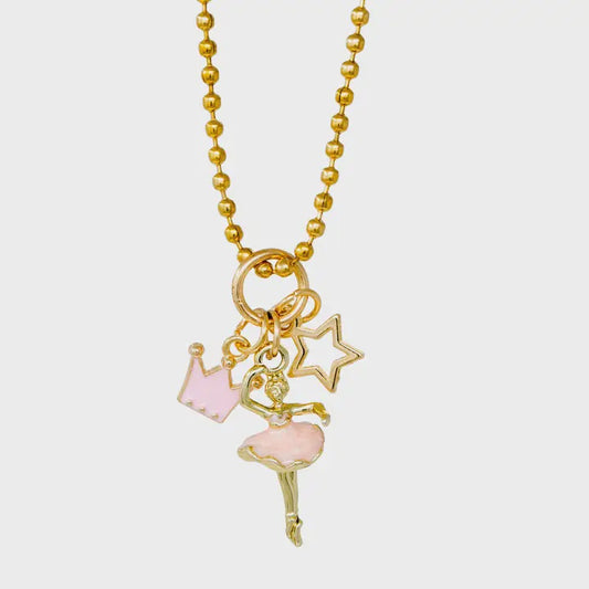 Ballerina, Crown & Star Gold Charm Necklace