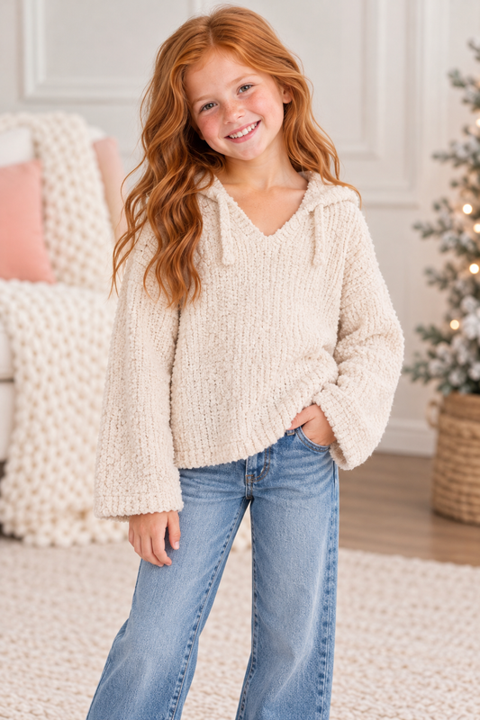 Hannah Banana Cozy Yarn LS Hooded Sweater - Ivory