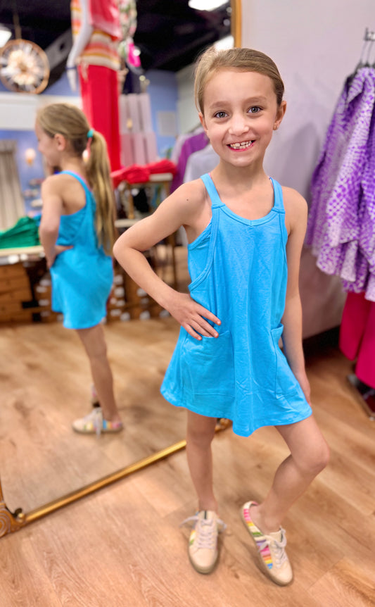 Blue Aqua Relaxed Tank Dress with Built-in Romper Lining
