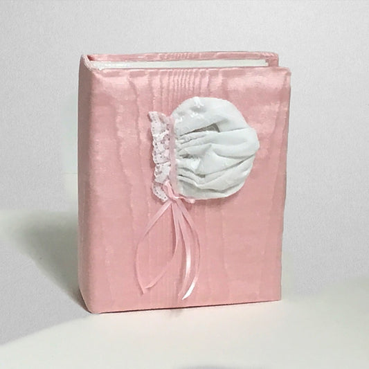 Small Photo Album with Swiss Batiste Baby Girl Bonnet