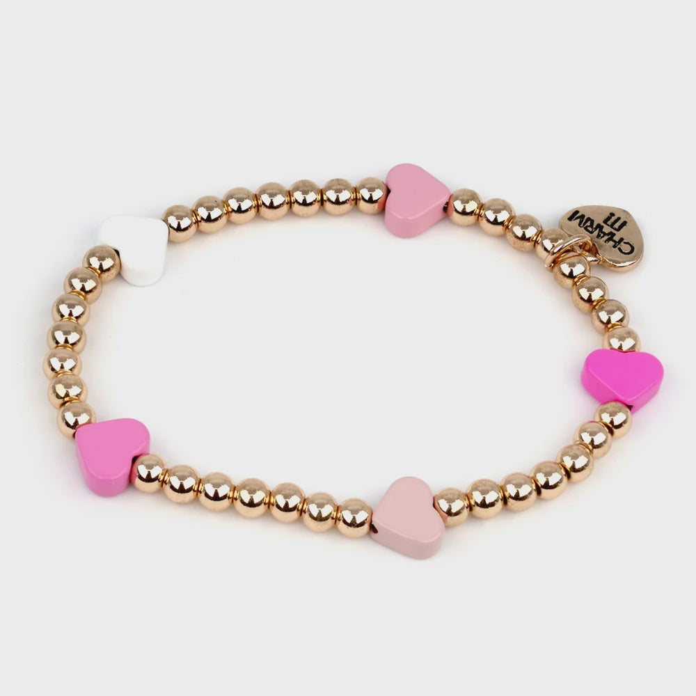 High IntenCity Gold Pink Heart Stretch Bead Bracelet