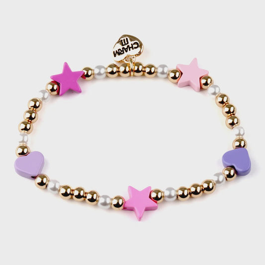 High IntenCity Multi Heart & Star Pearl Gold Stretch Bracelet