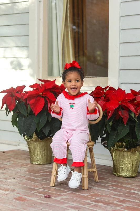 TSK Candy Cane Embroidery Ruffle Romper