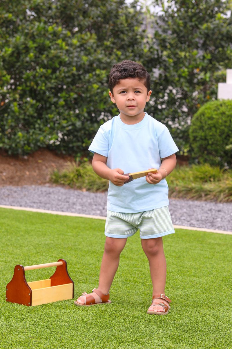 Trotter Street Kids Thomas Short Set Green Stripe/Lt Blue