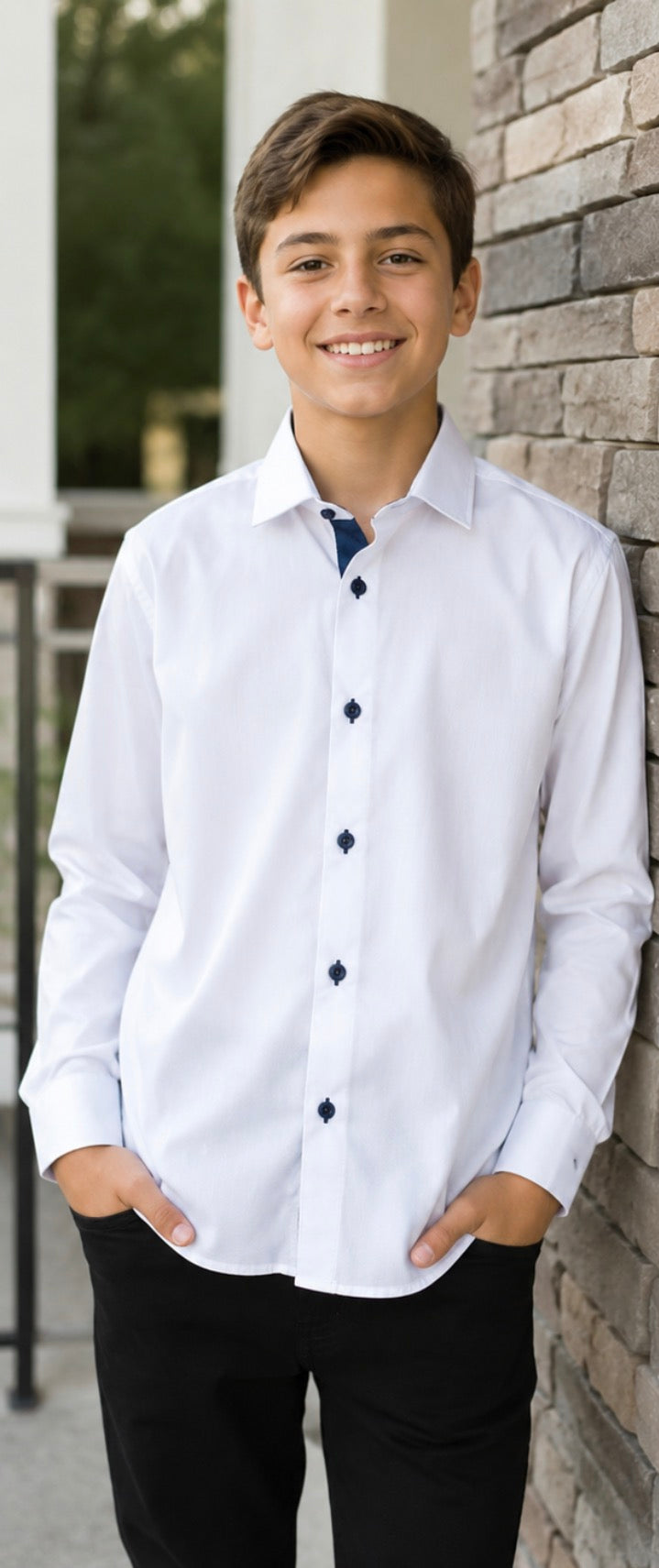 White W/ Navy LS Dress Shirt