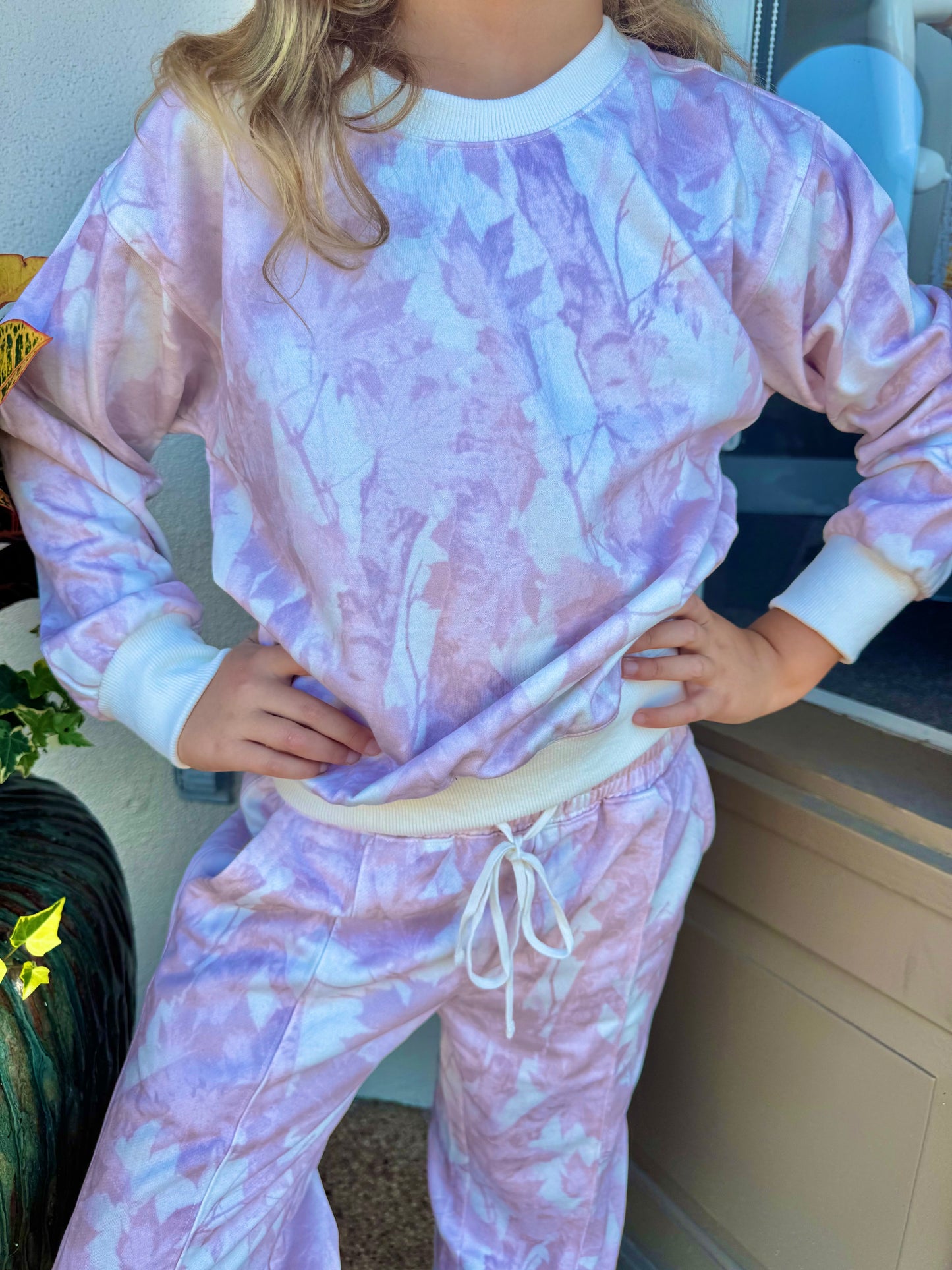 Peach Love Leaf Print Fleece Sweatsuit