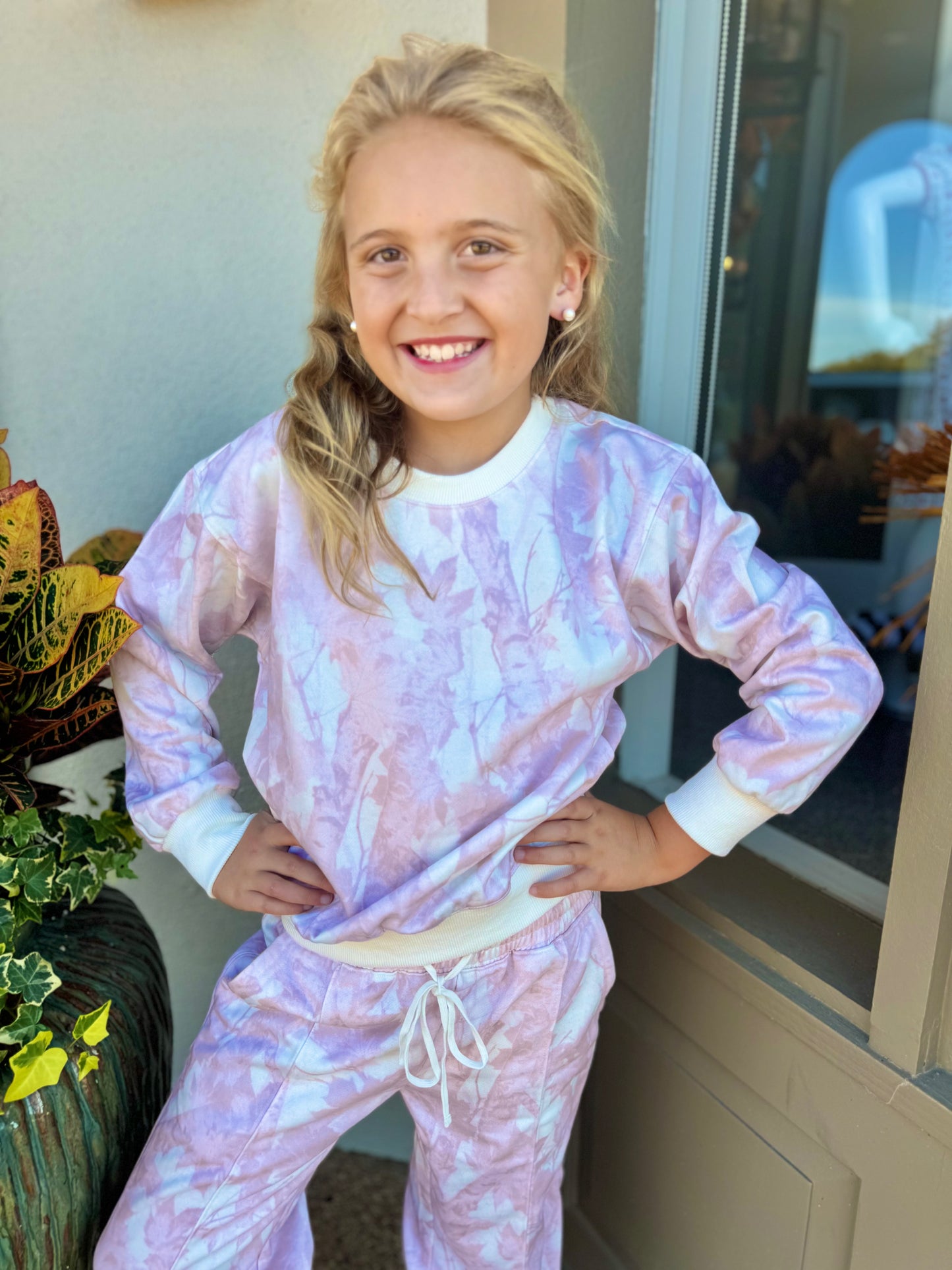 Peach Love Leaf Print Fleece Sweatsuit