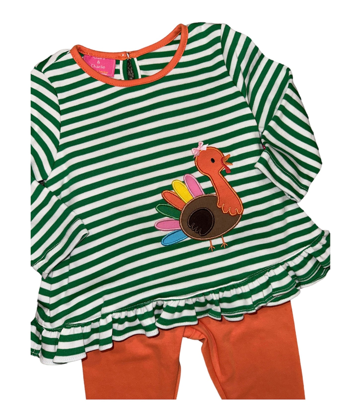 Turkey Girl Applique Green Stripe Tunic Set