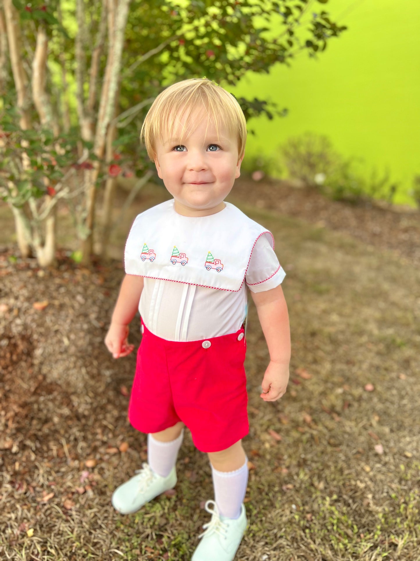 Red Corduroy Christmas Tree Truck Short Set