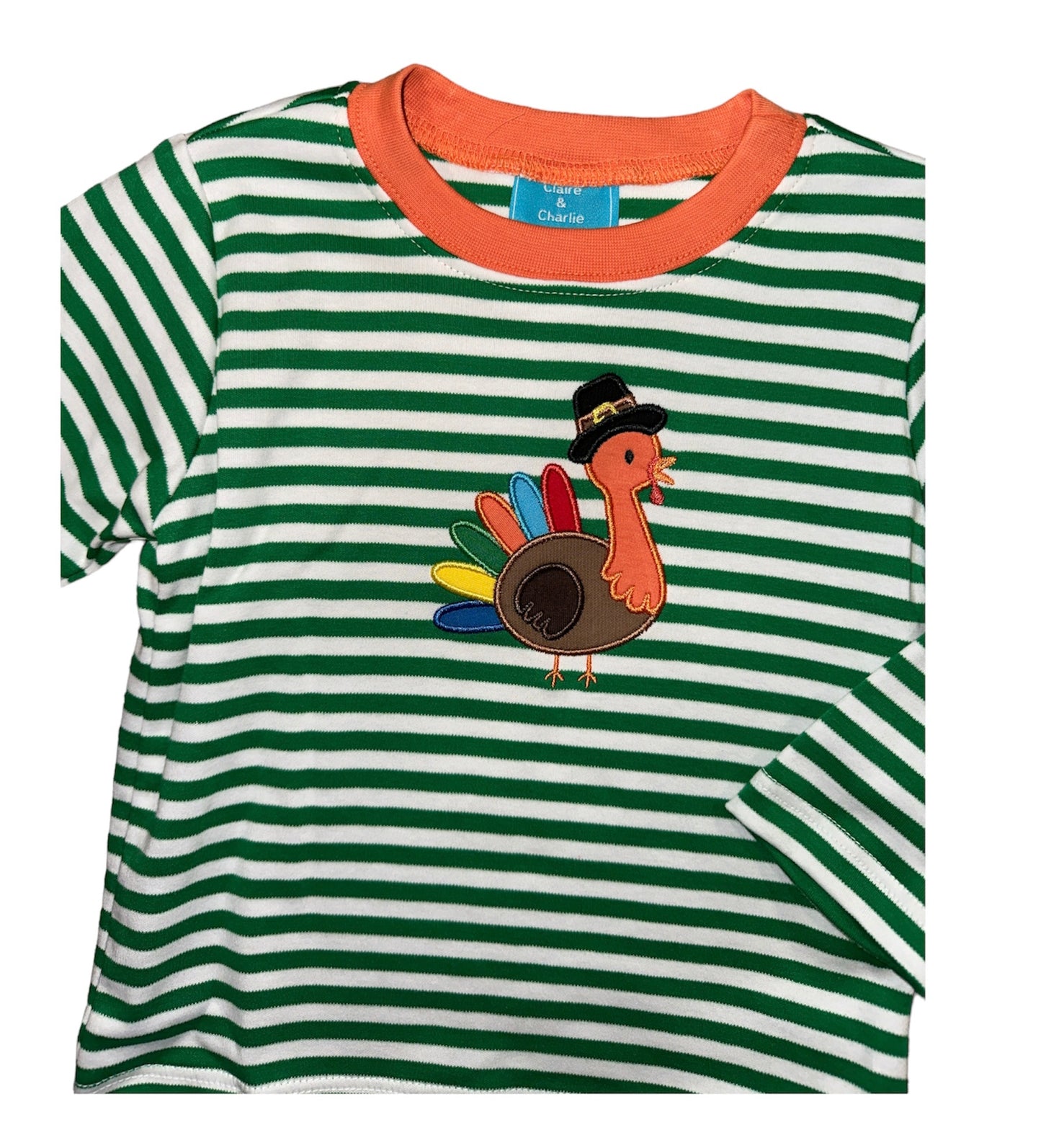 Turkey Boy Applique Green Stripe Knit Shirt