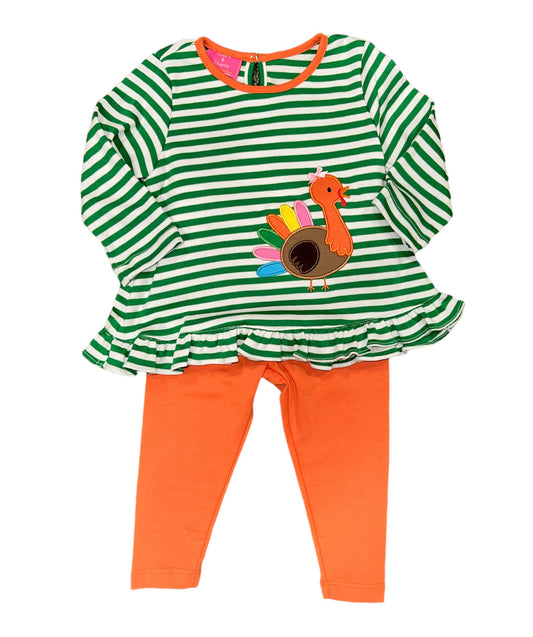 Turkey Girl Applique Green Stripe Tunic Set